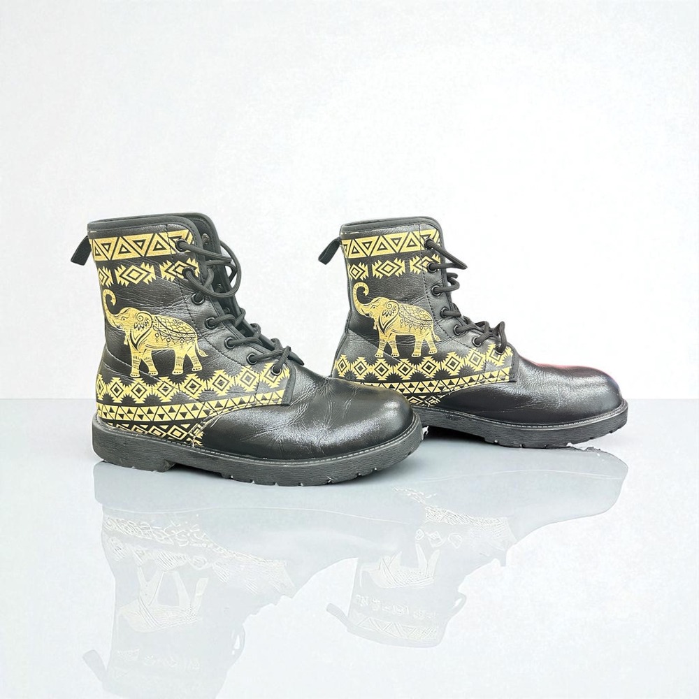Unisex Tribal Elephant Boots‎ Vegan Friendly PU Leather Lace Up Waterproof M6 F8 - Picture 6 of 9
